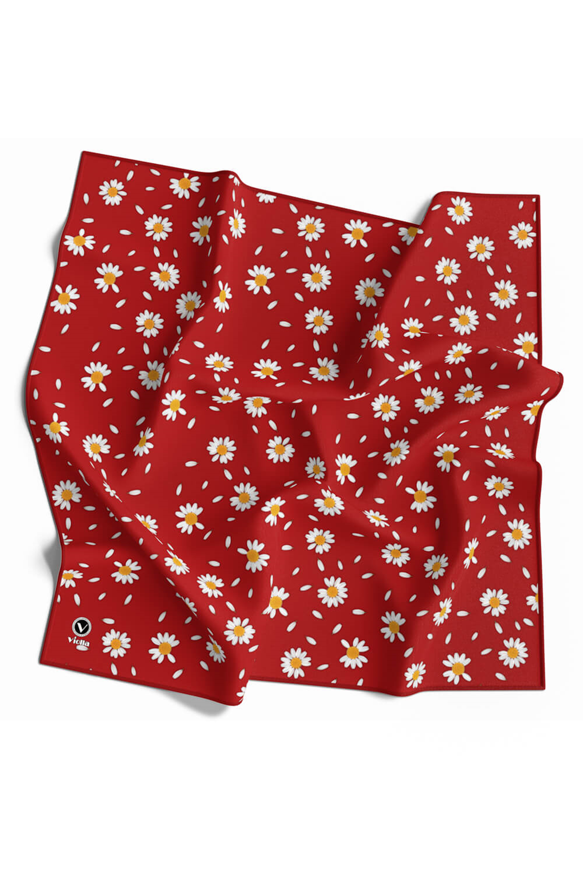 Twill Papatya Desenli Kırmızı Renkli 90x90 Eşarp (İpek İçermez) Kenar Dikiş Şekli El Dikişli
