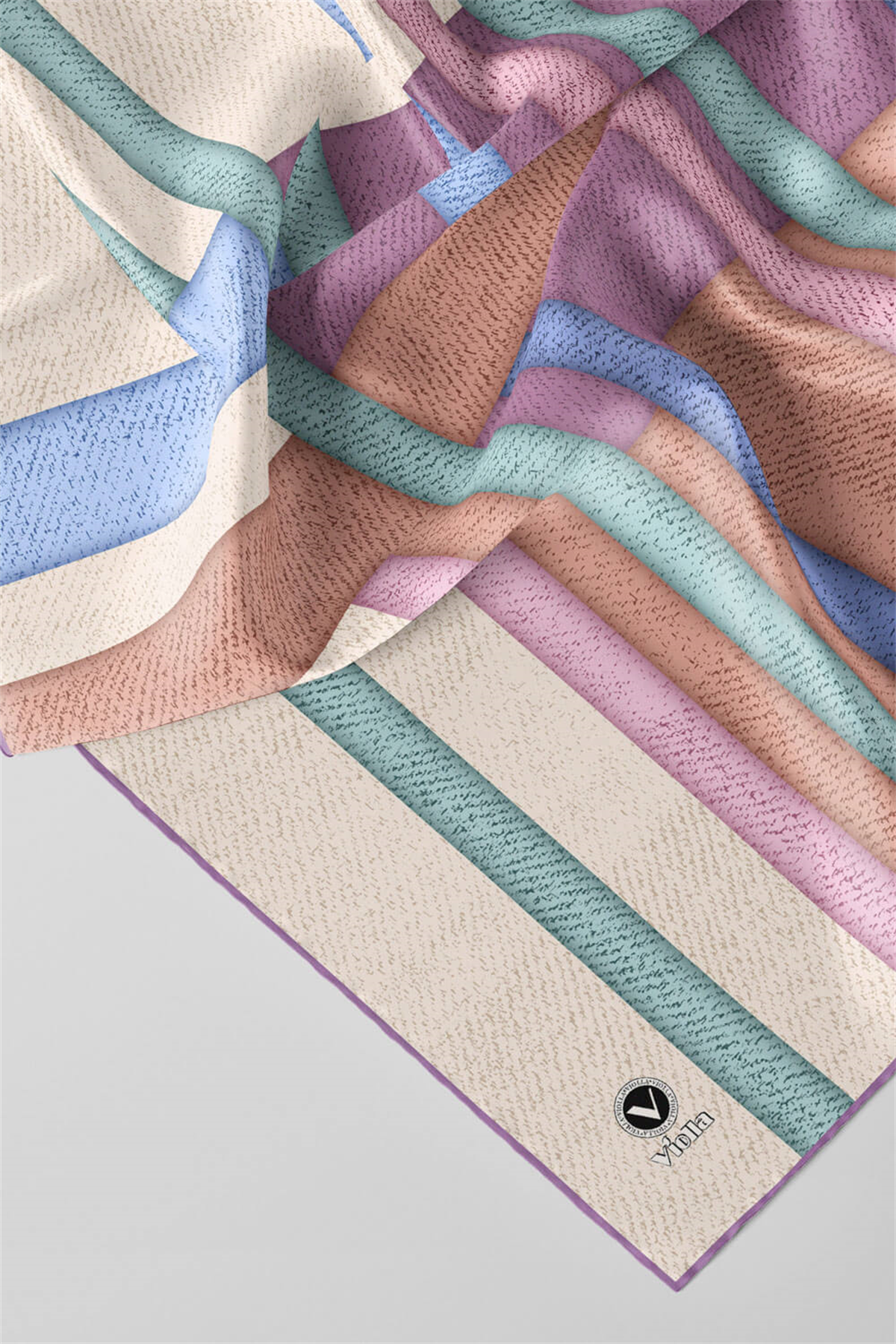 Twill Renkli Şerit Desenli Lila Renkli 90x90 Eşarp (İpek İçermez) Kenar Dikiş Şekli El Dikişli