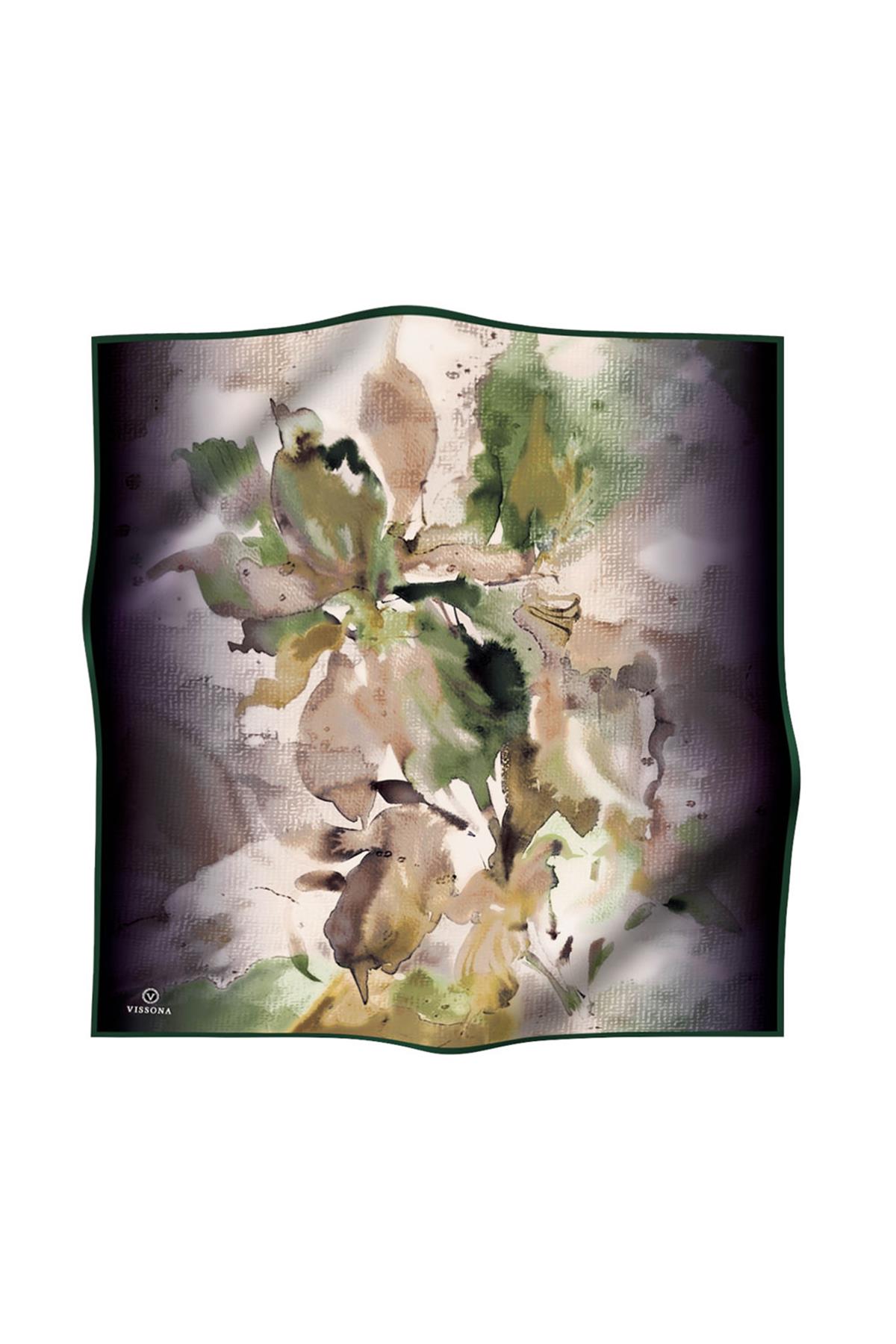 %100 Twill İpek Suluboya Çiçek Desenli Hardal - Haki Renkli 90x90 Eşarp Dikim Şekli : El Dikişi