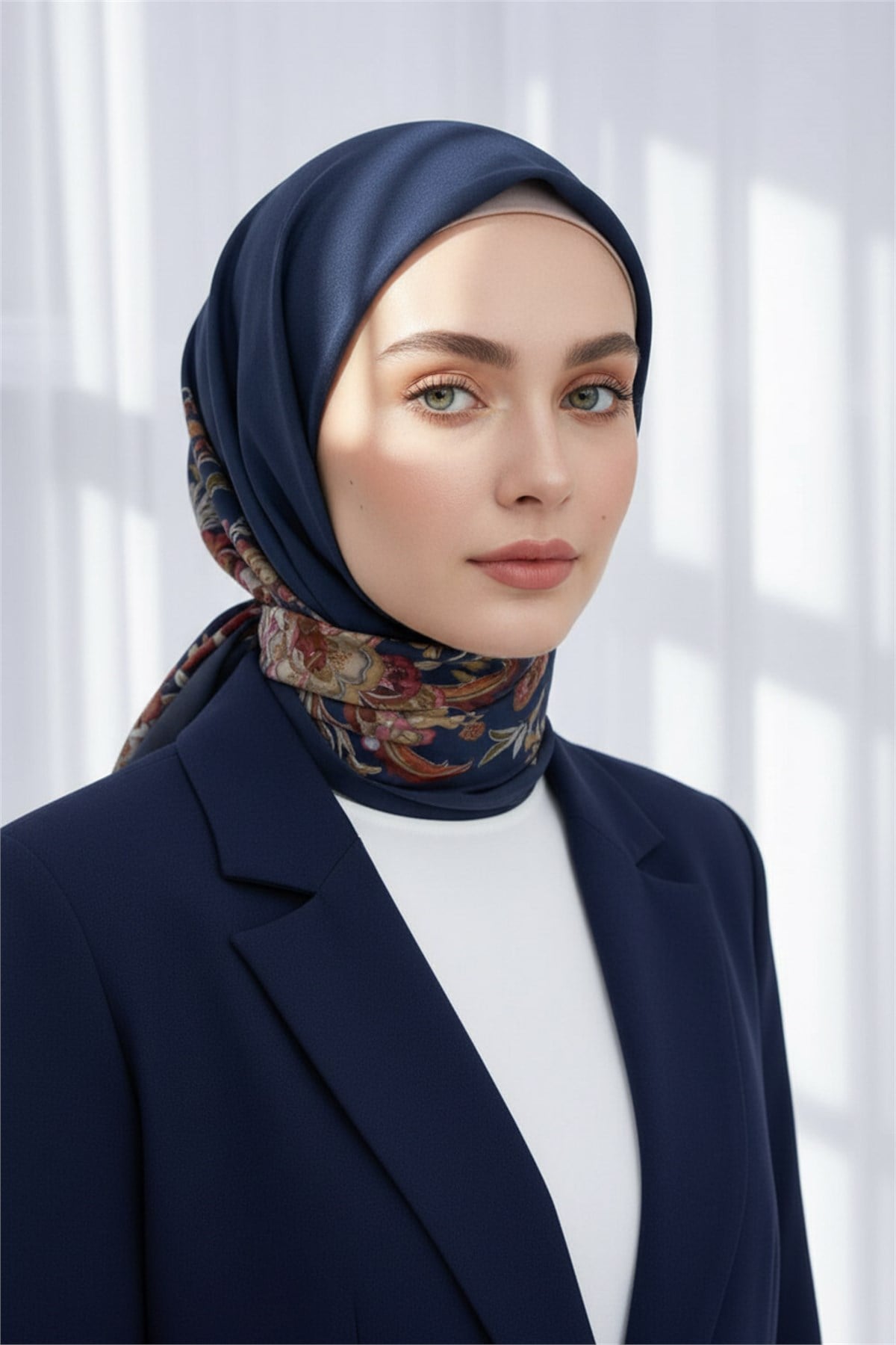 KREP NAKIŞ ÇİÇEK DESENLİ LACİVERT RENKLİ 75X195 KIRIŞMAZ ŞAL