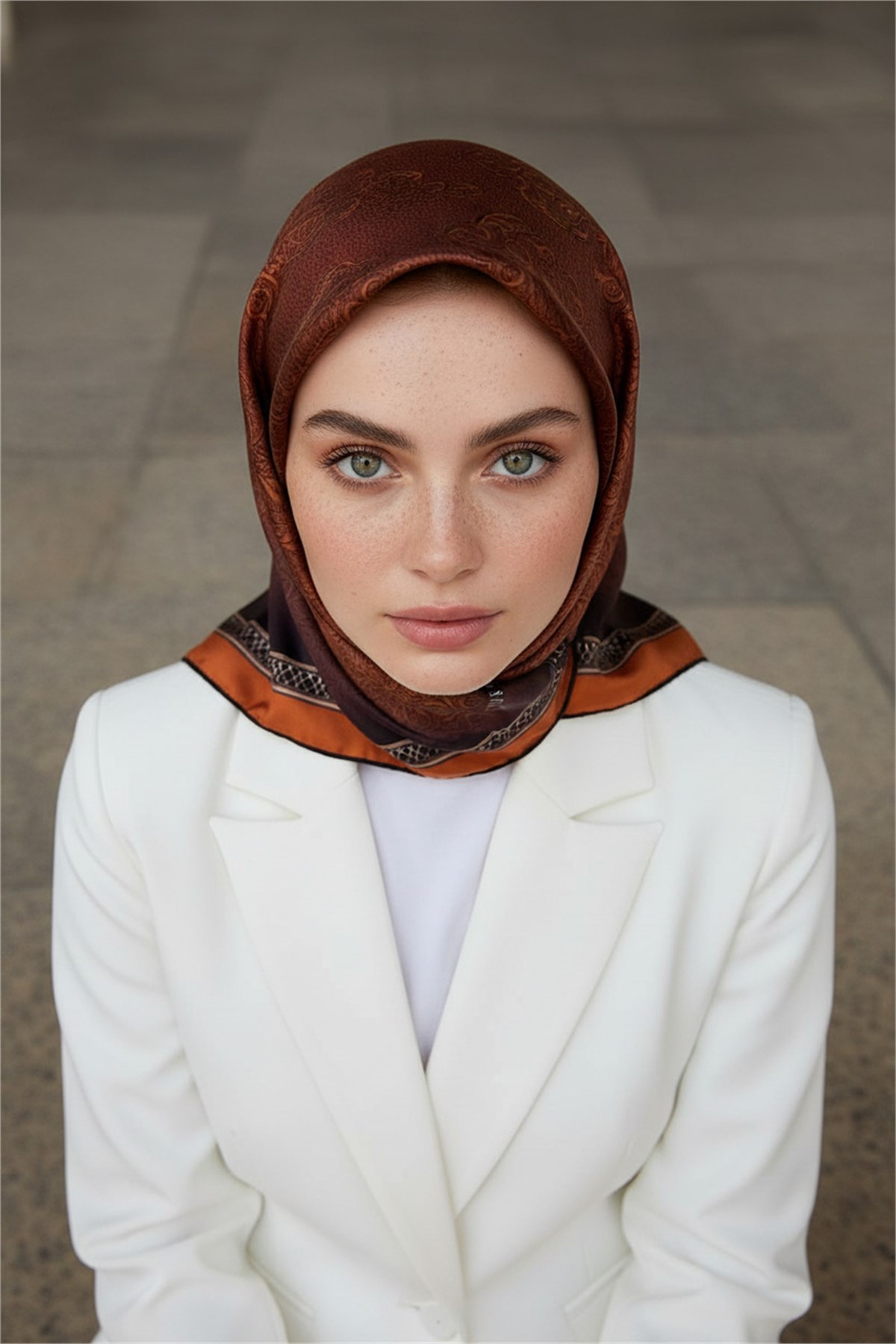 %100 Twill İpek Eşarp 90x90 Taba Barok Desenli El Dikişli Kadın Eşarp