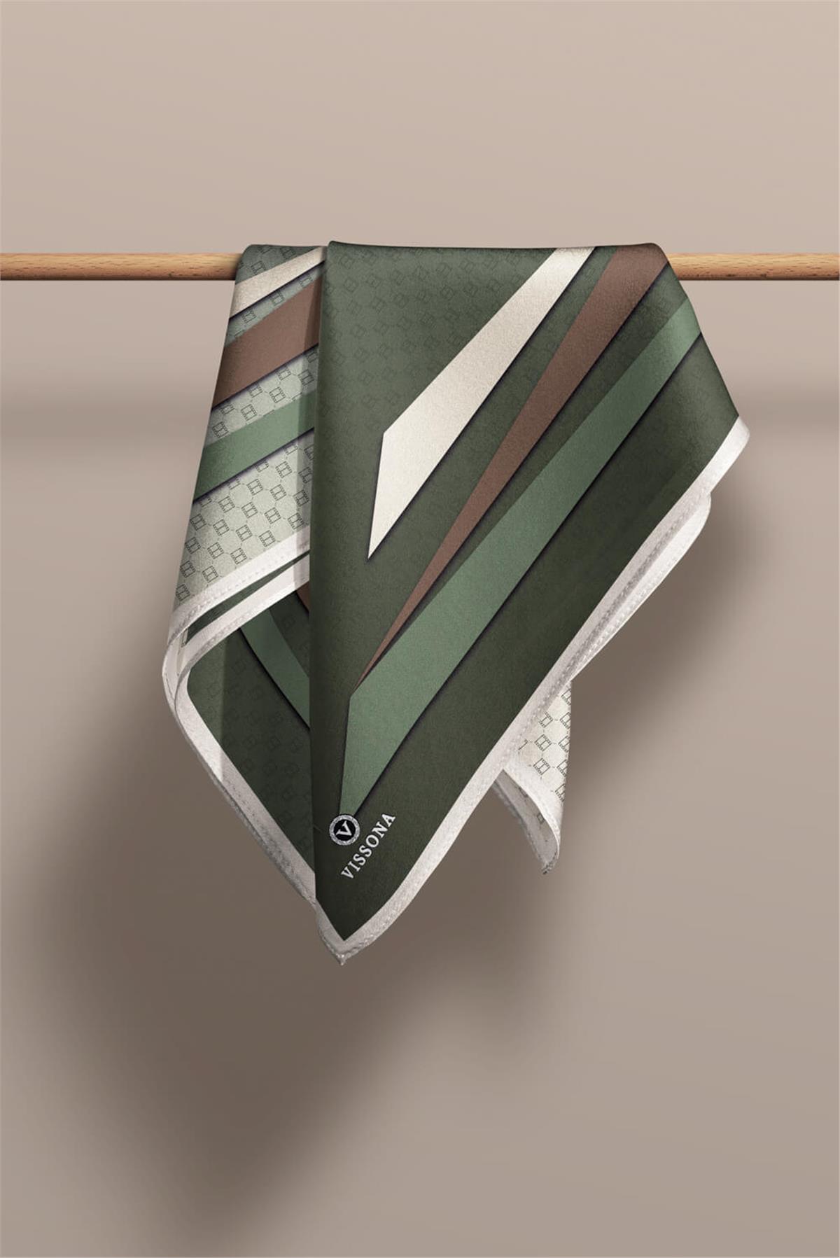 %100 Twill İpek Degrade Desenli Haki - Bej Renkli 90x90 Eşarp Dikim Şekli : El Dikişi