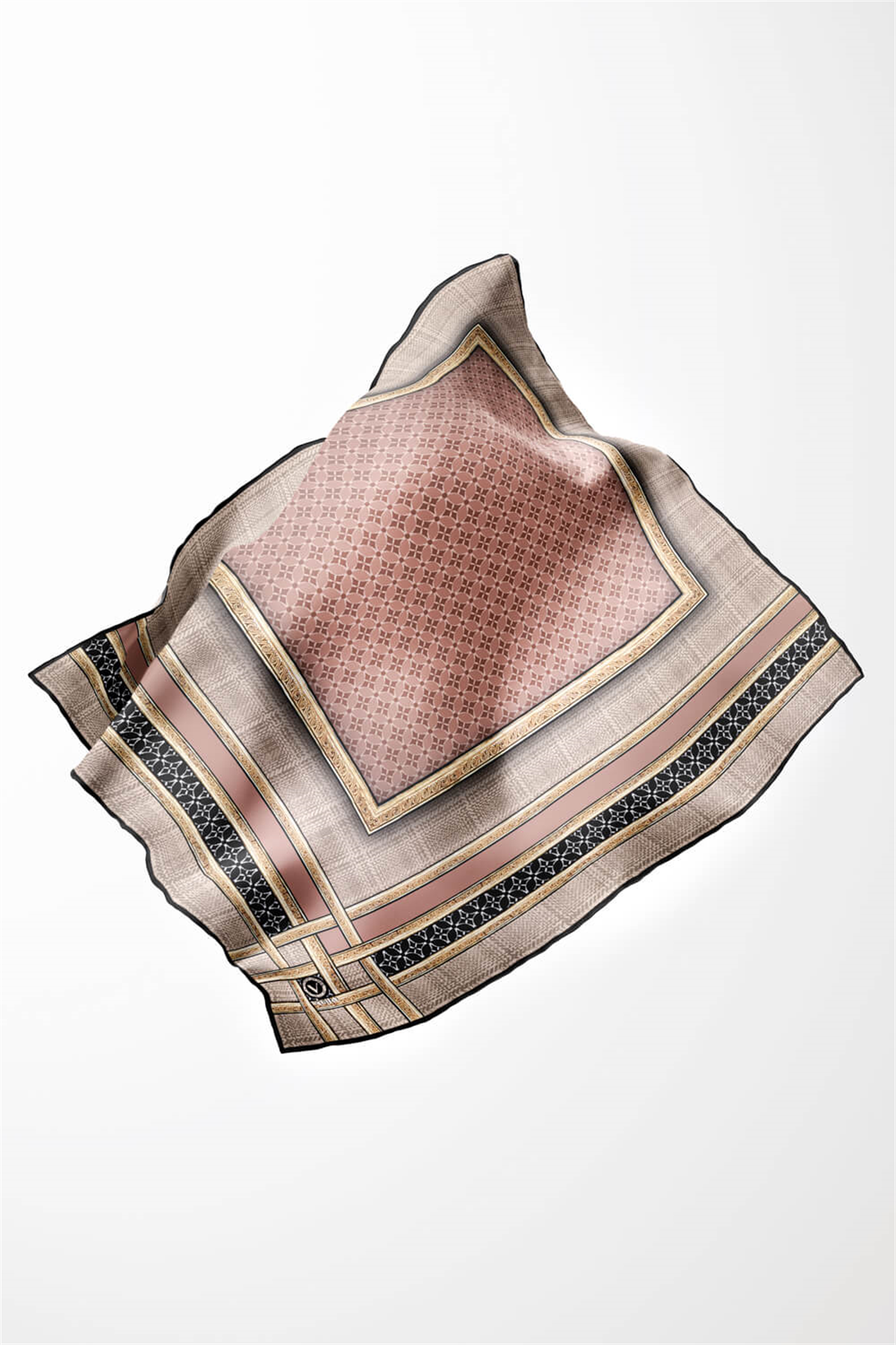Twill Gold Bordürlü Geometrik Desenli Pudra Renkli 90x90 Eşarp (İpek İçermez) Kenar Dikiş Şekli El Dikişli