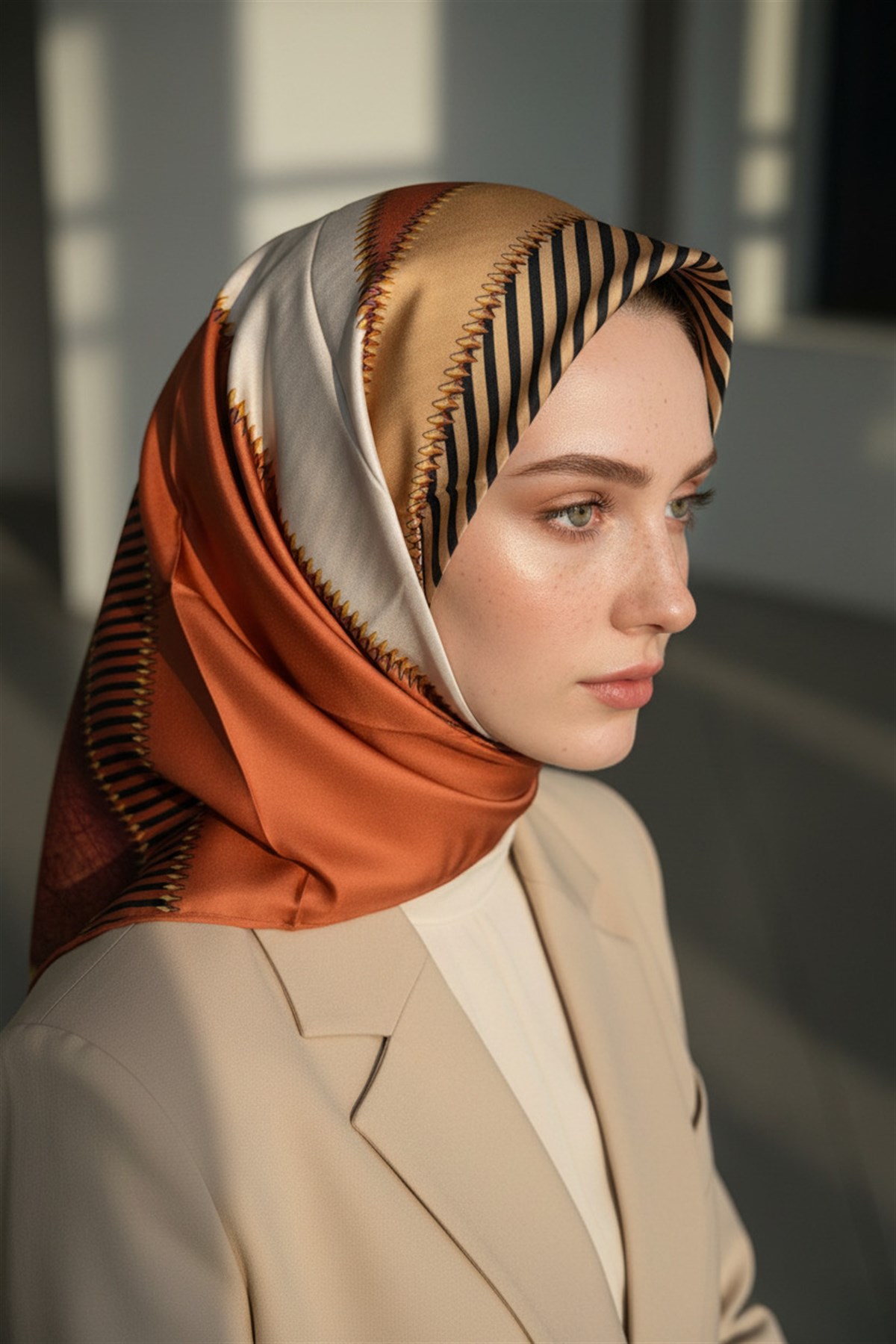 % 57 İPEK % 43 VİSKON Twill İpek Geometrik Desenli Taba - Siyah Renkli 90x90 Eşarp Dikim Şekli : El Dikişi
