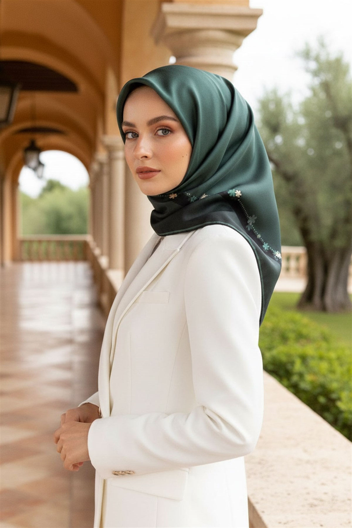 %100 Twill İpek Kenar Motifi Çiçek Desenli Petrol Yeşili - Siyah Renkli 90x90 Eşarp Dikim Şekli : El Dikişi