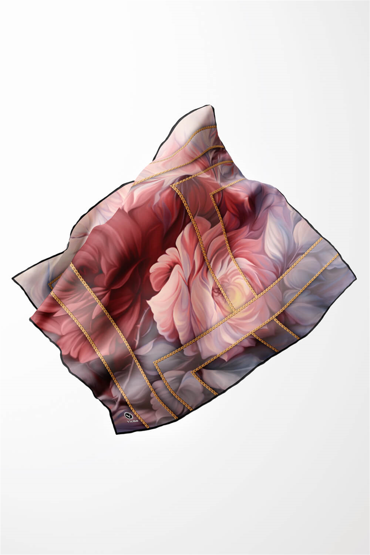 Twill Gül Desenli Pudra - Bebe Mavisi Renkli 90x90 Eşarp (İpek İçermez) Kenar Dikiş Şekli El Dikişli