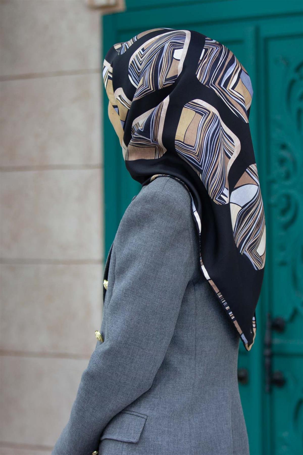 %100 Twill İpek Geometrik Kare Desenli Siyah - Gri Renkli 90x90 Eşarp Dikim Şekli : El Dikişi