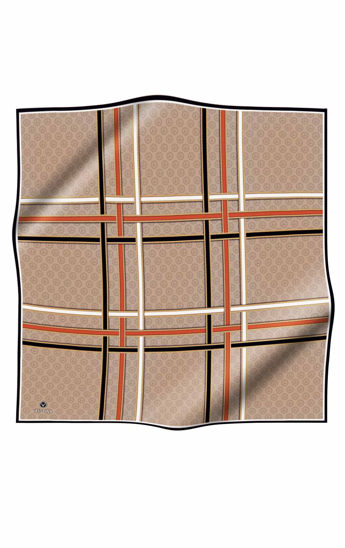 %100 Twill İpek Gold Şeritli Monogram Desenli Bej - Taba Renkli 90x90 Eşarp Dikim Şekli : El Dikişi