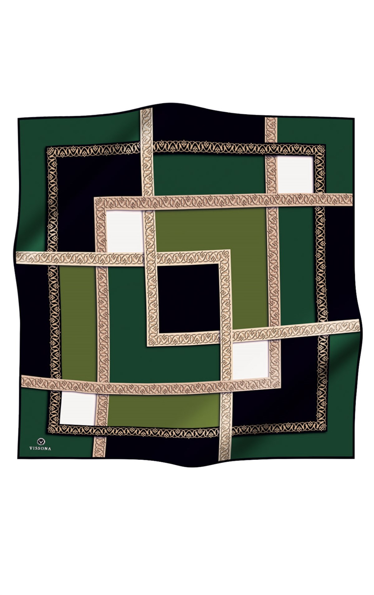 %100 Twill İpek Geometrik Desenli Zümrüt Yeşili - Siyah Renkli 90x90 Eşarp Dikim Şekli : El Dikişi