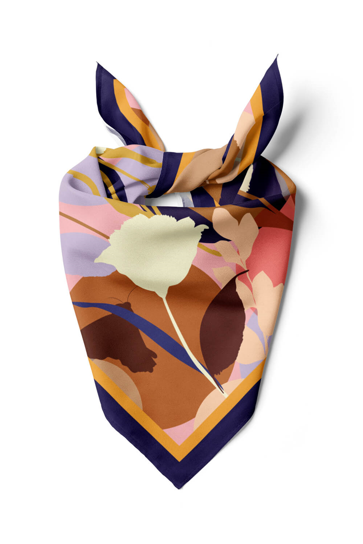 Z23 Kadın Kahverengi Krem Lale Desenli 50x50 Bandana - DG0887