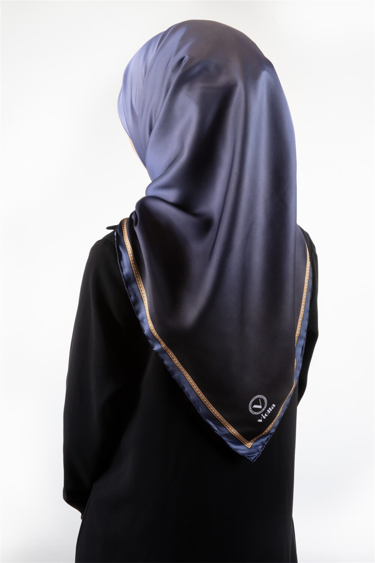 Twill Degrade Desenli İndigo Renkli 90x90 Eşarp (İpek İçermez) Kenar Dikiş Şekli El Dikişli