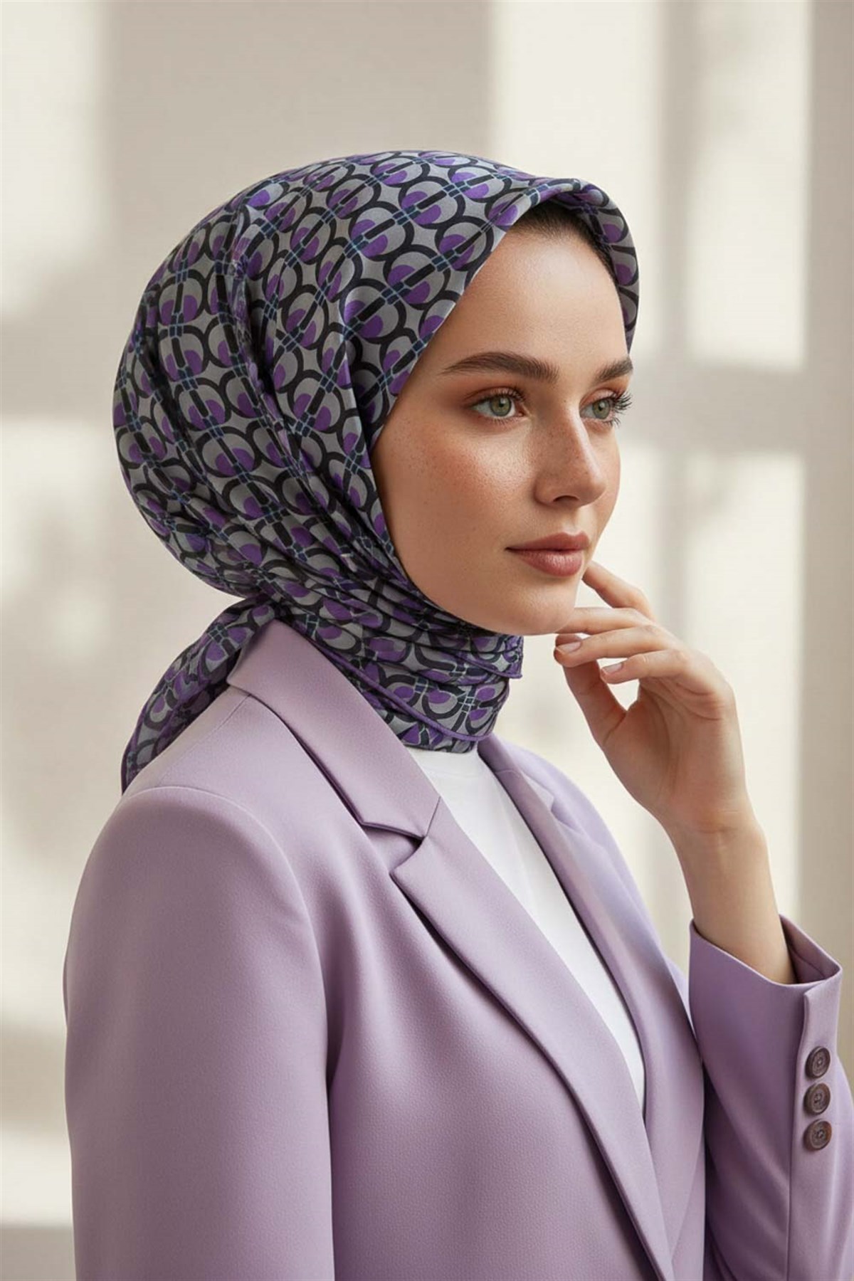 %100 Twill İpek Geometrik Desenli Lila Renkli 90x90 Eşarp Dikim Şekli : El Dikişi