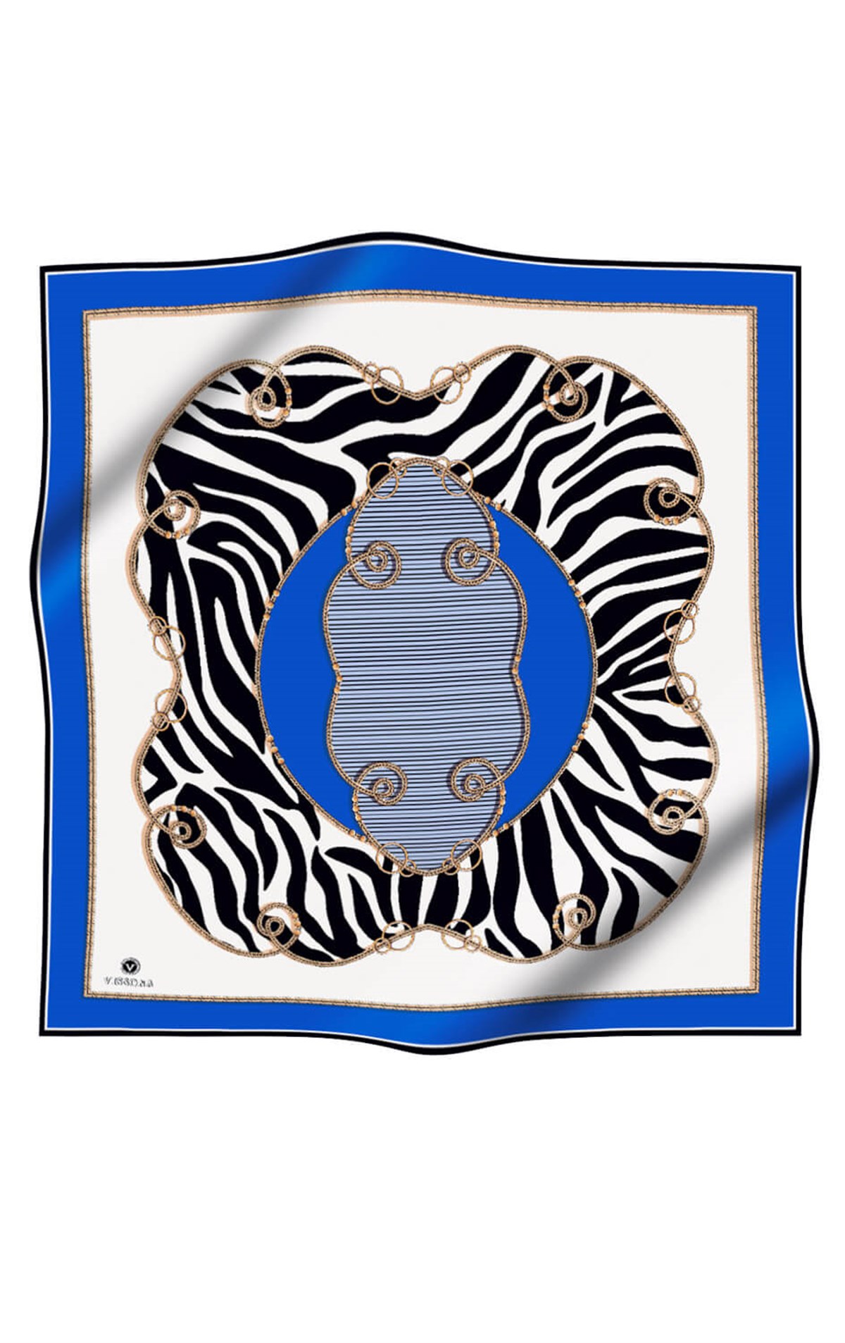 %100 Twill İpek Zincirli Ve Zebra Desenli Saks - Lacivert Renkli 90x90 Eşarp Dikim Şekli : El Dikişi