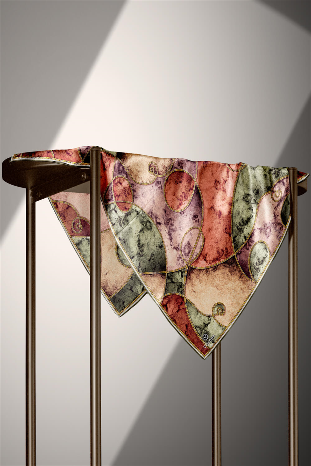 % 57 İPEK % 43 VİSKON Twill İpek Zincirli Mermer Desenli Haki - Bakır Renkli 90x90 Eşarp Dikim Şekli : El Dikişi