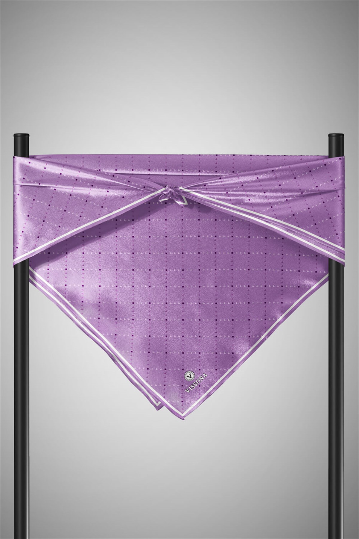 %100 Twill İpek Minik V Desenli Mor Renkli 90x90 Eşarp Dikim Şekli : El Dikişi