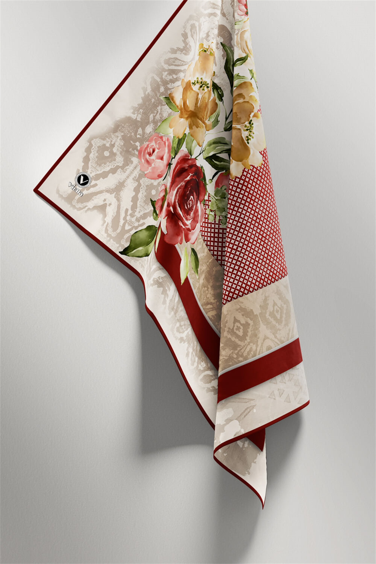 Twill Çiçek Desenli Bordo Renkli 90x90 Eşarp (İpek İçermez) Kenar Dikiş Şekli El Dikişli