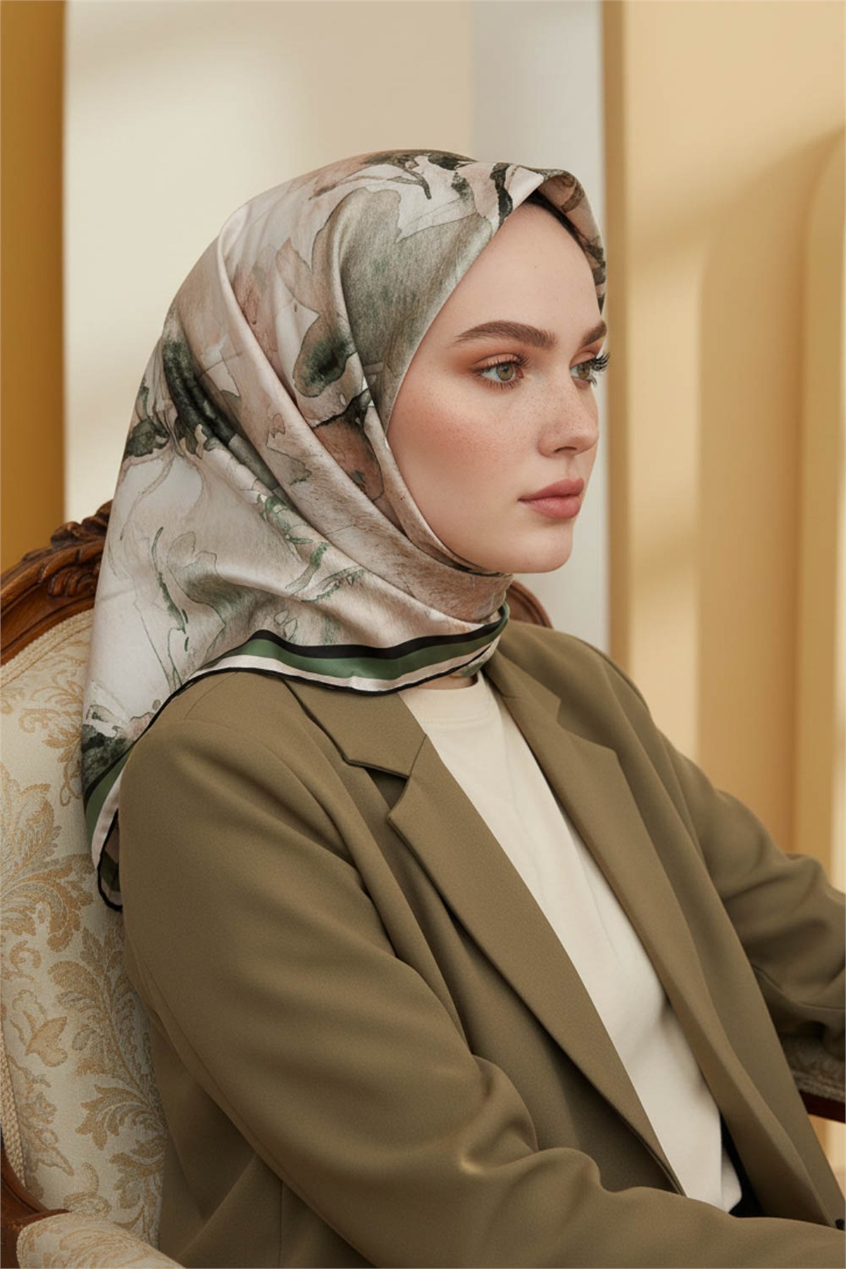 Rayon Sulu Boya Çiçek Desenli Koyu Mint Yeşili Renkli 90x90 Dikim Şekli : El Dikişi Eşarp (İpek İçermez)