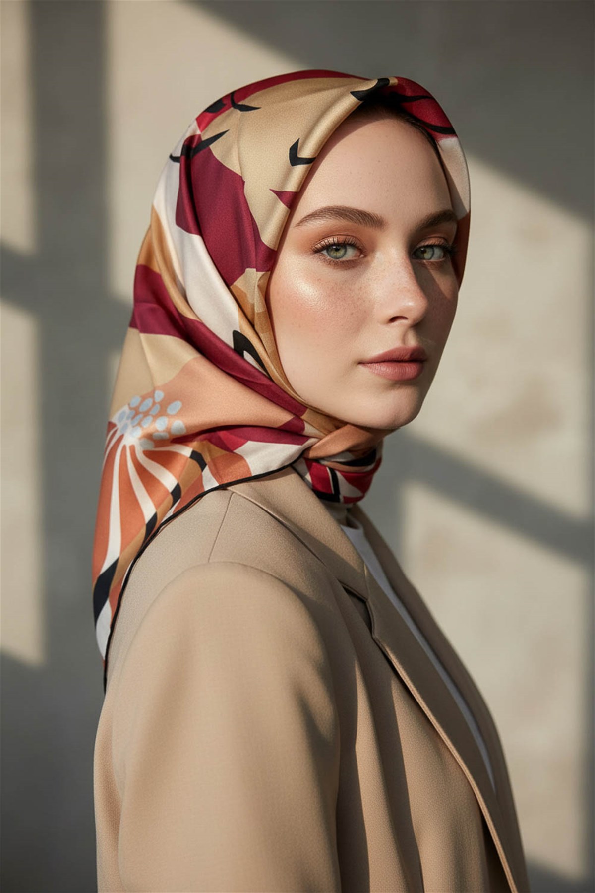 %100 Twill İpek Çiçek Desenli Bordo - Bej Renkli 90x90 Eşarp Dikim Şekli : El Dikişi