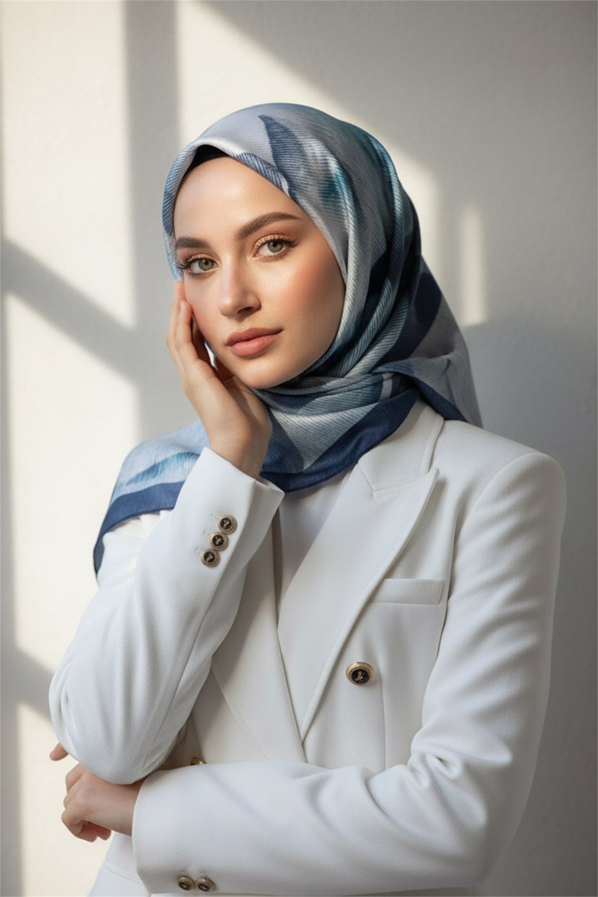 %100 Twill İpek Yaprak Desenli İndigo - Petrol Yeşili Renkli 90x90 Eşarp Dikim Şekli : El Dikişi