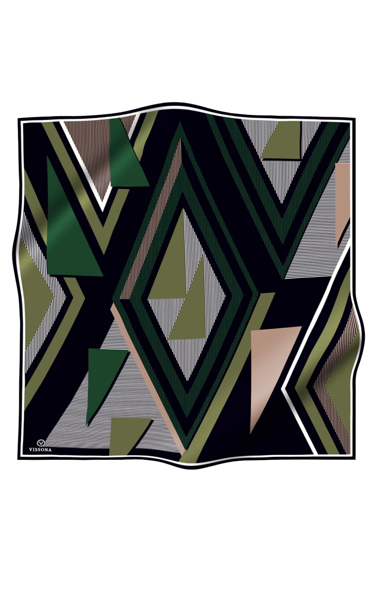 % 57 İPEK % 43 VİSKON Twill İpek Geometrik Desenli Haki - Siyah Renkli 90x90 Eşarp Dikim Şekli : El Dikişi