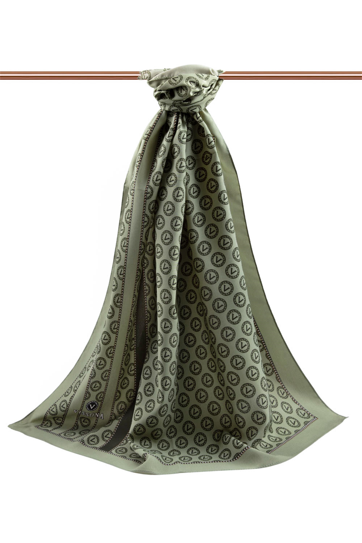 LÜKS MEDİNE İPEĞİ DEGRADELİ MONOGRAM DESENLİ HAKİ RENKLİ 75X195 KIRIŞMAZ ŞAL MOSS KREP DİKİŞ TİPİ İTALYAN DİKİŞLİ