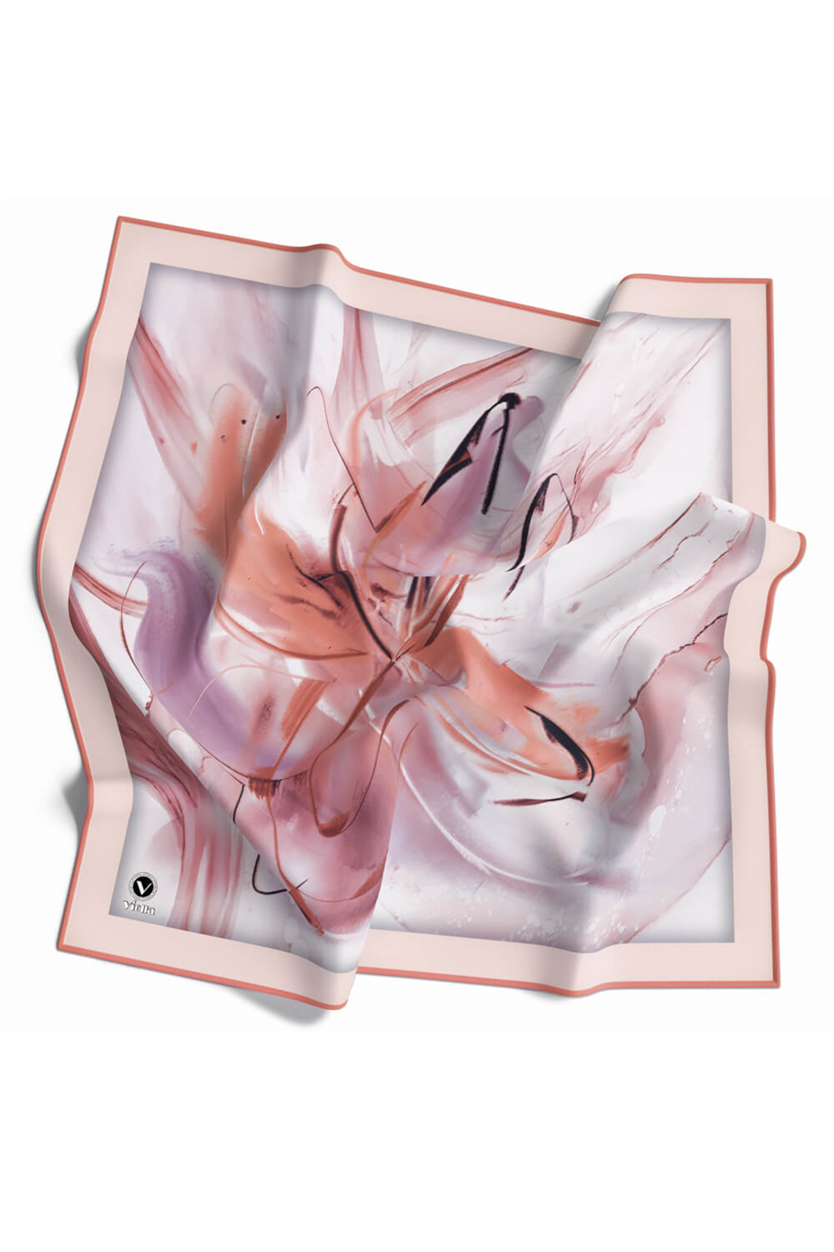 Twill Çiçek Tablo Desenli Somon Renkli 90x90 Eşarp (İpek İçermez) Kenar Dikiş Şekli El Dikişli