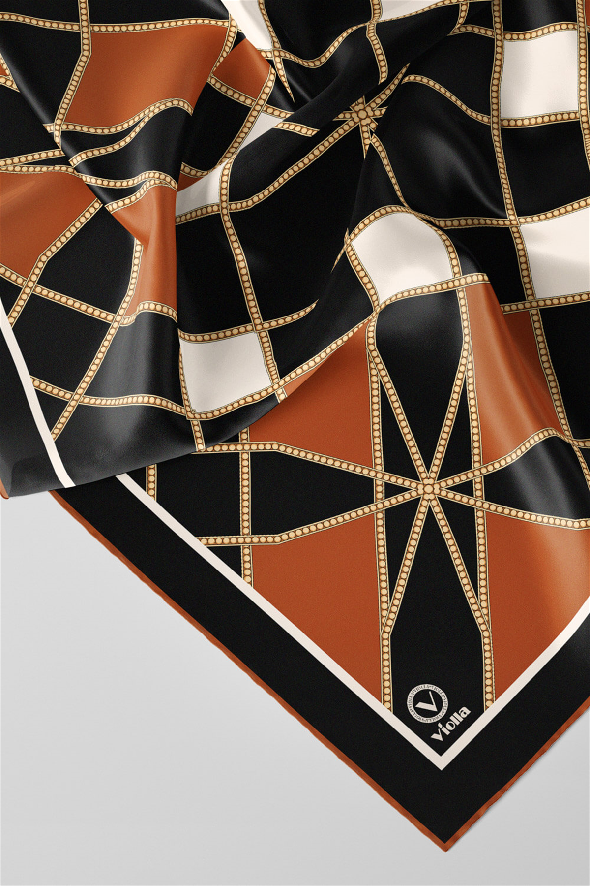 Twill Gold Detaylı Geometrik Çiçekli Desenli Taba Renkli 90x90 Eşarp (İpek İçermez) Kenar Dikiş Şekli El Dikişli