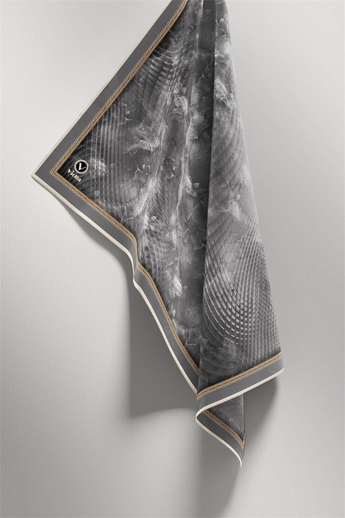 Twill Batik Desenli Gri Renkli 90x90 Eşarp (İpek İçermez) Kenar Dikiş Şekli El Dikişli