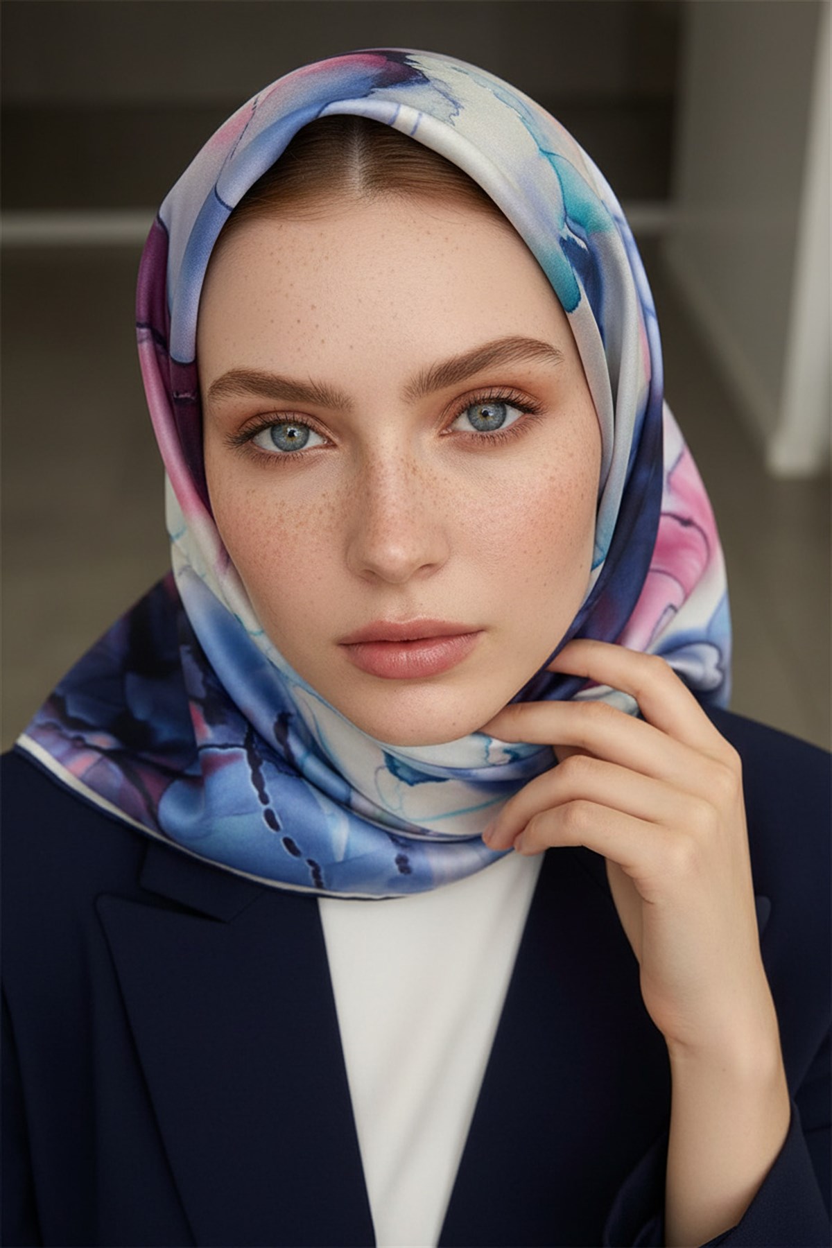 %100 Twill İpek Batik Çiçek Desenli Bebe Mavisi - Pudra Renkli 90x90 Eşarp Kenar Dikiş Şekli El Dikişli