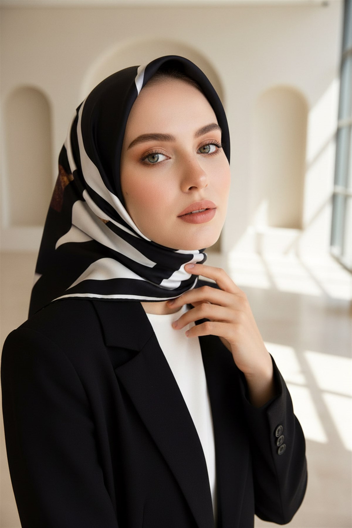 %100 Twill İpek Karo Desenli Siyah - Krem Renkli 90x90 Eşarp Dikim Şekli : El Dikişi