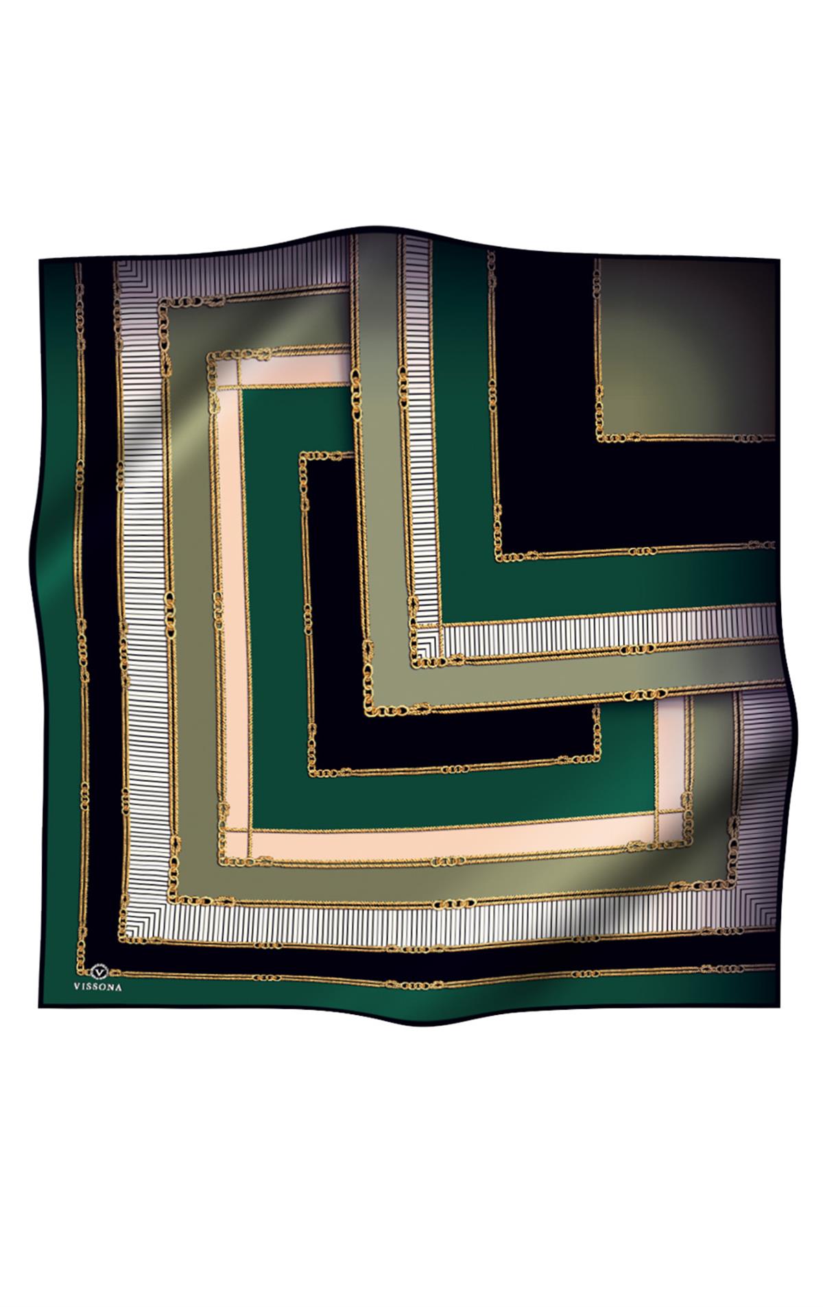 %100 Twill İpek Zincir Detaylı Geometrik Desenli Zümrüt Yeşili - Siyah Renkli 90x90 Eşarp Dikim Şekli : El Dikişi