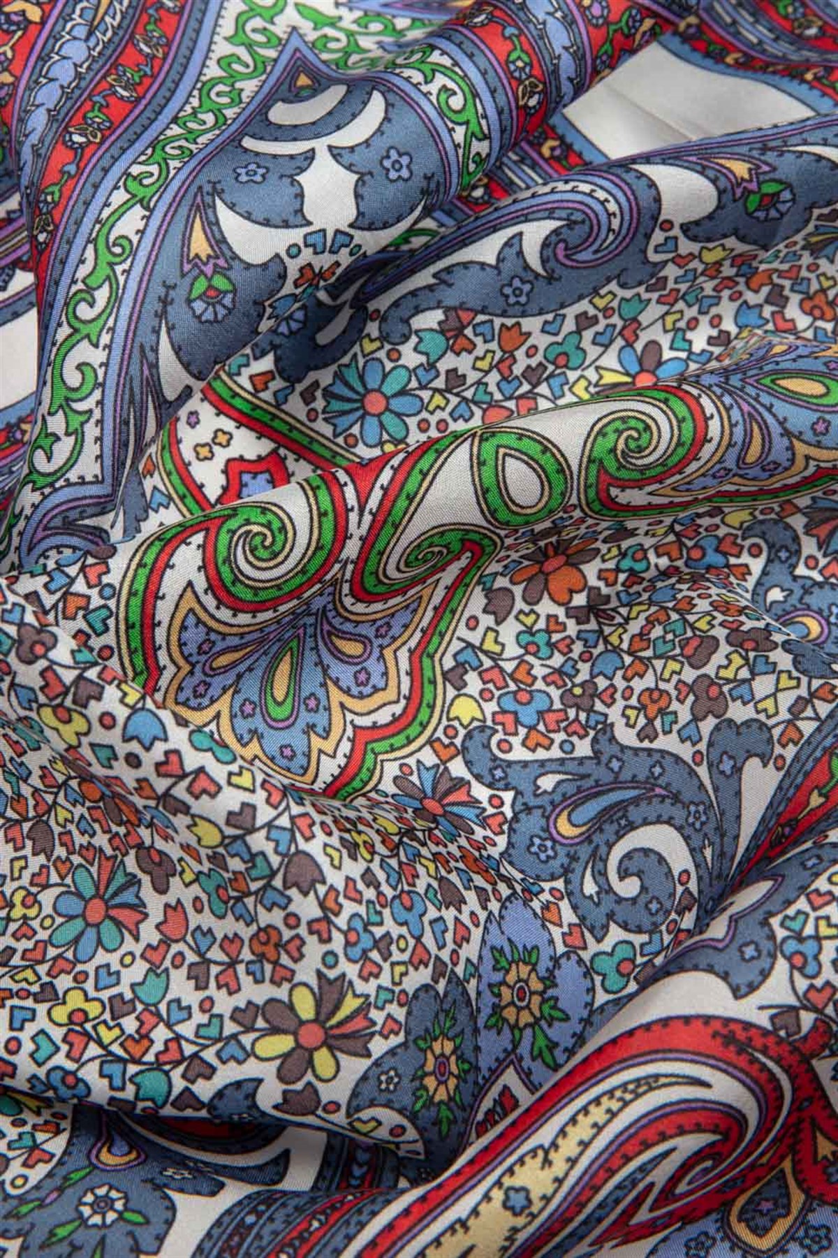 100% İpek Etro Desenli Beyaz - Lacivert Renkli 92x210 Şal