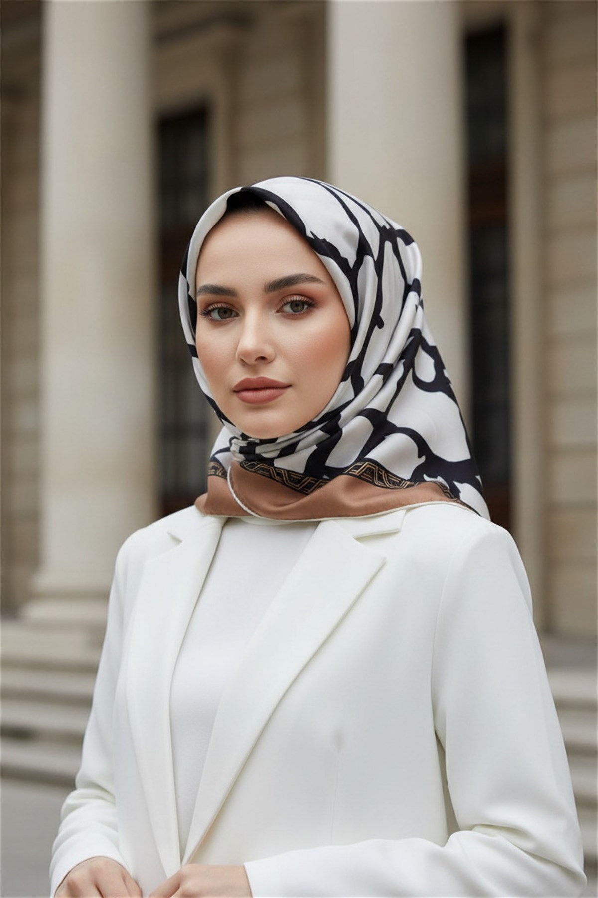 %100 Twill Taş Desenli Bakır - Krem Renkli 90x90 Eşarp Dikim Şekli: El Dikişi