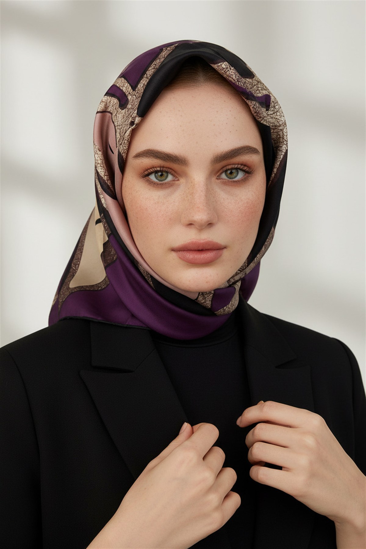 % 57 İPEK % 43 VİSKON Twill İpek Gold Efektli Geometrik Desenli Mürdüm - Siyah Renkli 90x90 Eşarp Dikim Şekli : El Dikişi