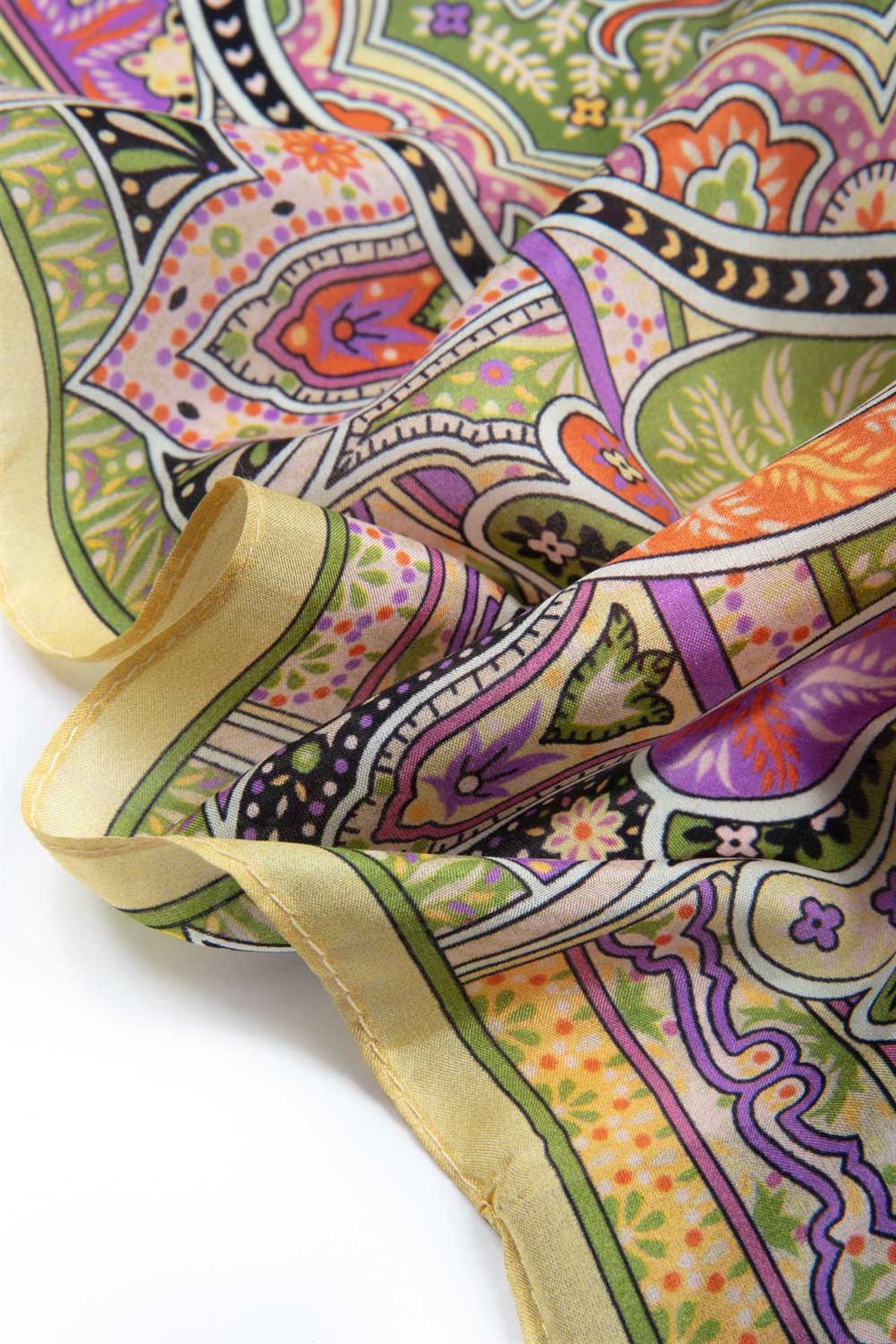 100% İpek Etro Desenli Limon Sarısı - Turuncu Renkli 92x210 Şal