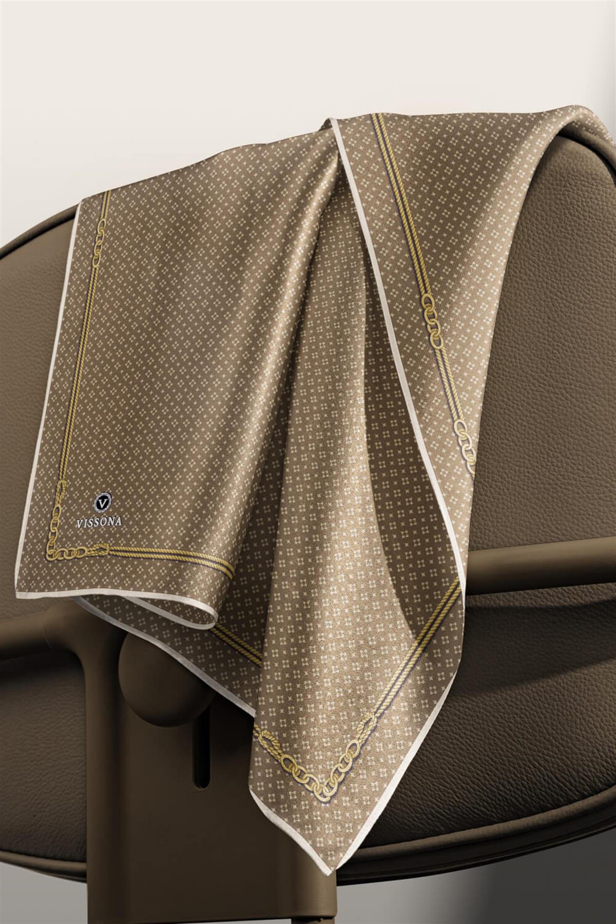 %100 Twill İpek Zincir Desenli Vizon - Gold Renkli 90x90 Eşarp Dikim Şekli : El Dikişi