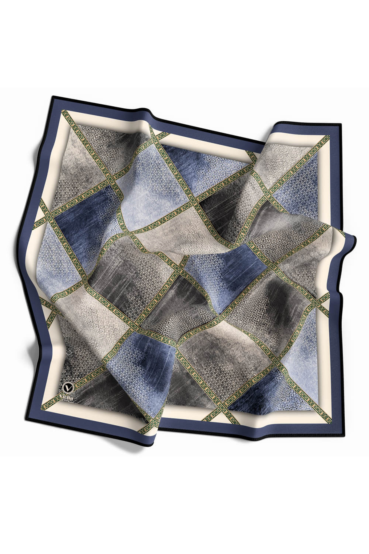 Twill Geometrik Desenli İndigo Renkli 90x90 Eşarp (İpek İçermez) Kenar Dikiş Şekli El Dikişli