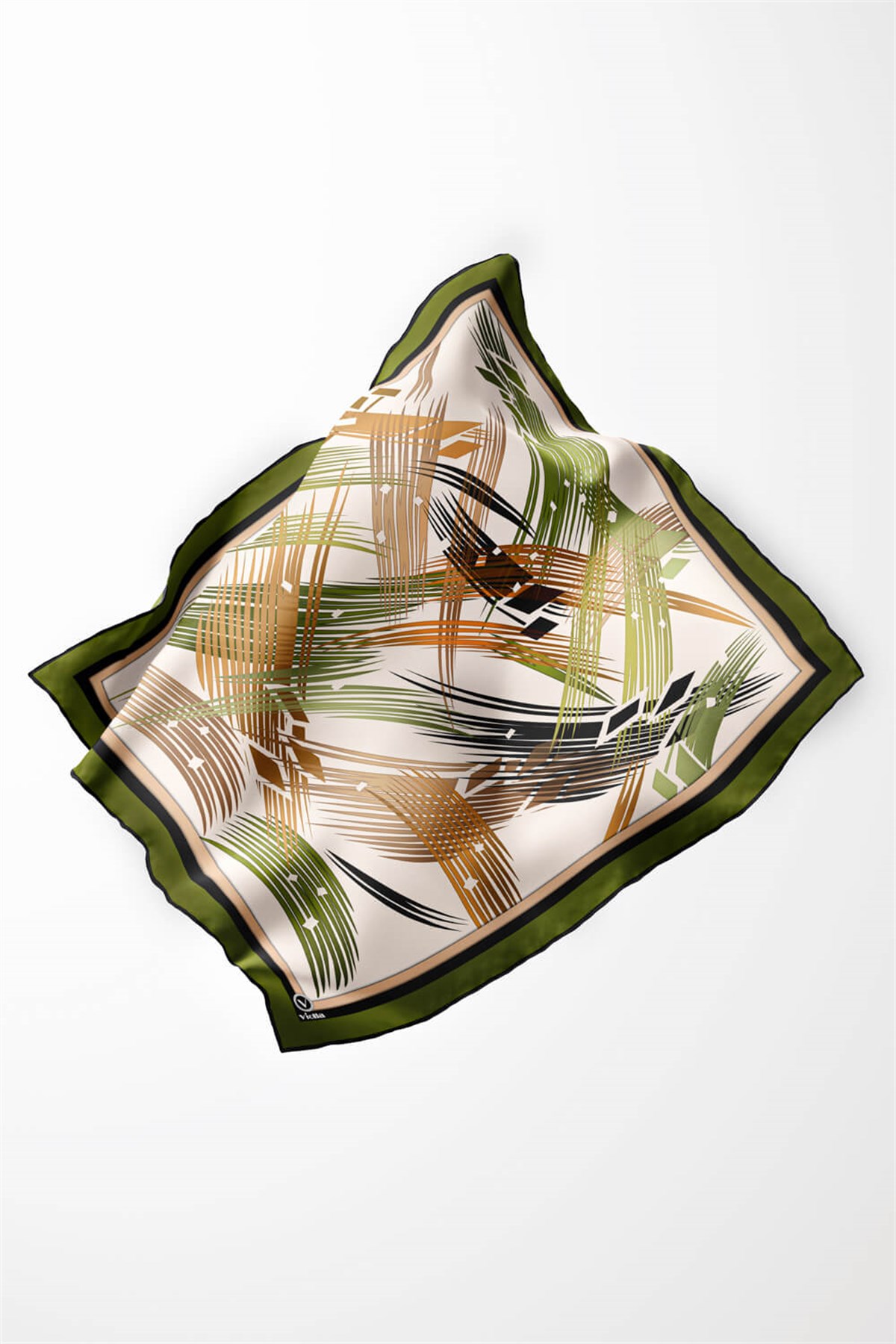 Twill Geometrik Desenli Haki - Hardal Renkli 90x90 Eşarp (İpek İçermez) Kenar Dikiş Şekli El Dikişli