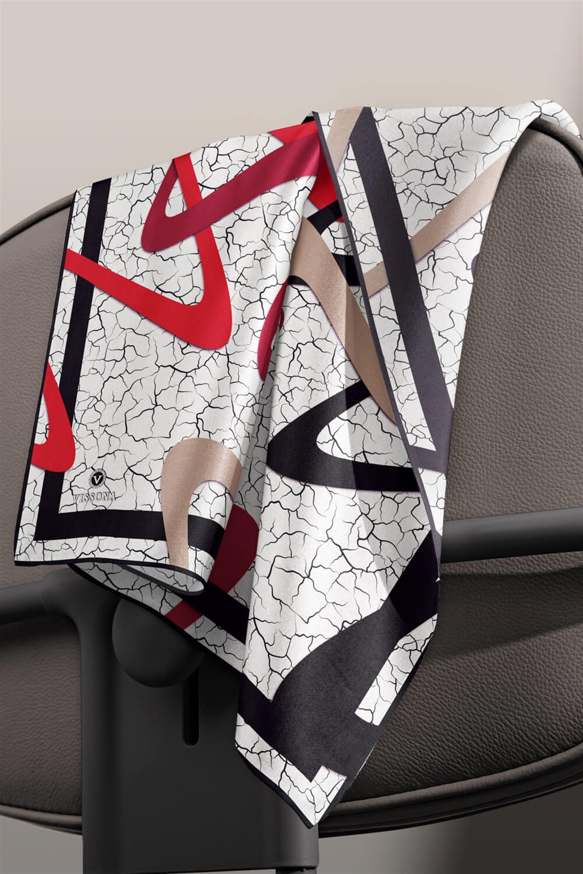 %100 Twill İpek Geometrik Ve Çatlak Desenli Bordo - Siyah Renkli 90x90 Eşarp Dikim Şekli : El Dikişi