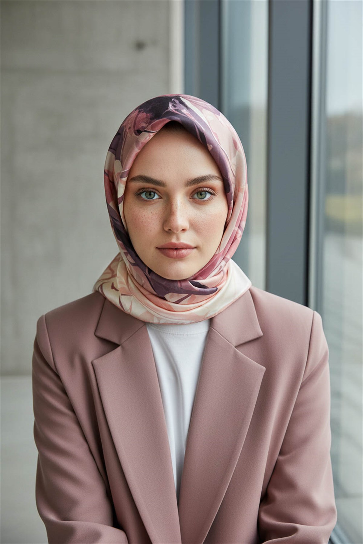 %100 Twill İpek Çiçekli Sulu Boya Dalga Desenli Pudra - Gül Kurusu Renkli 90x90 Eşarp Dikim Şekli : El Dikişi