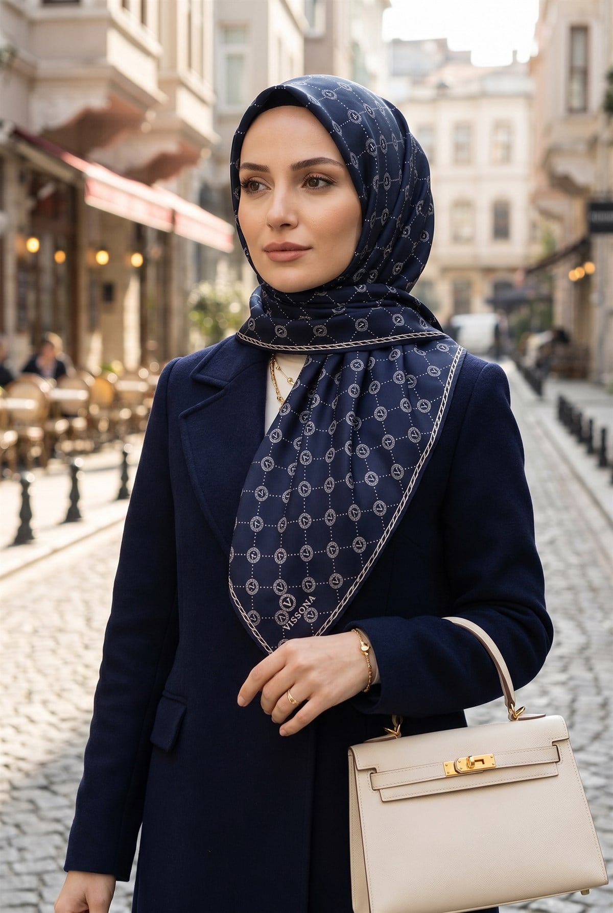 %100 Twill İpek Monogram Desenli Lacivert Renkli 90x90 Eşarp Dikim Şekli : El Dikişi