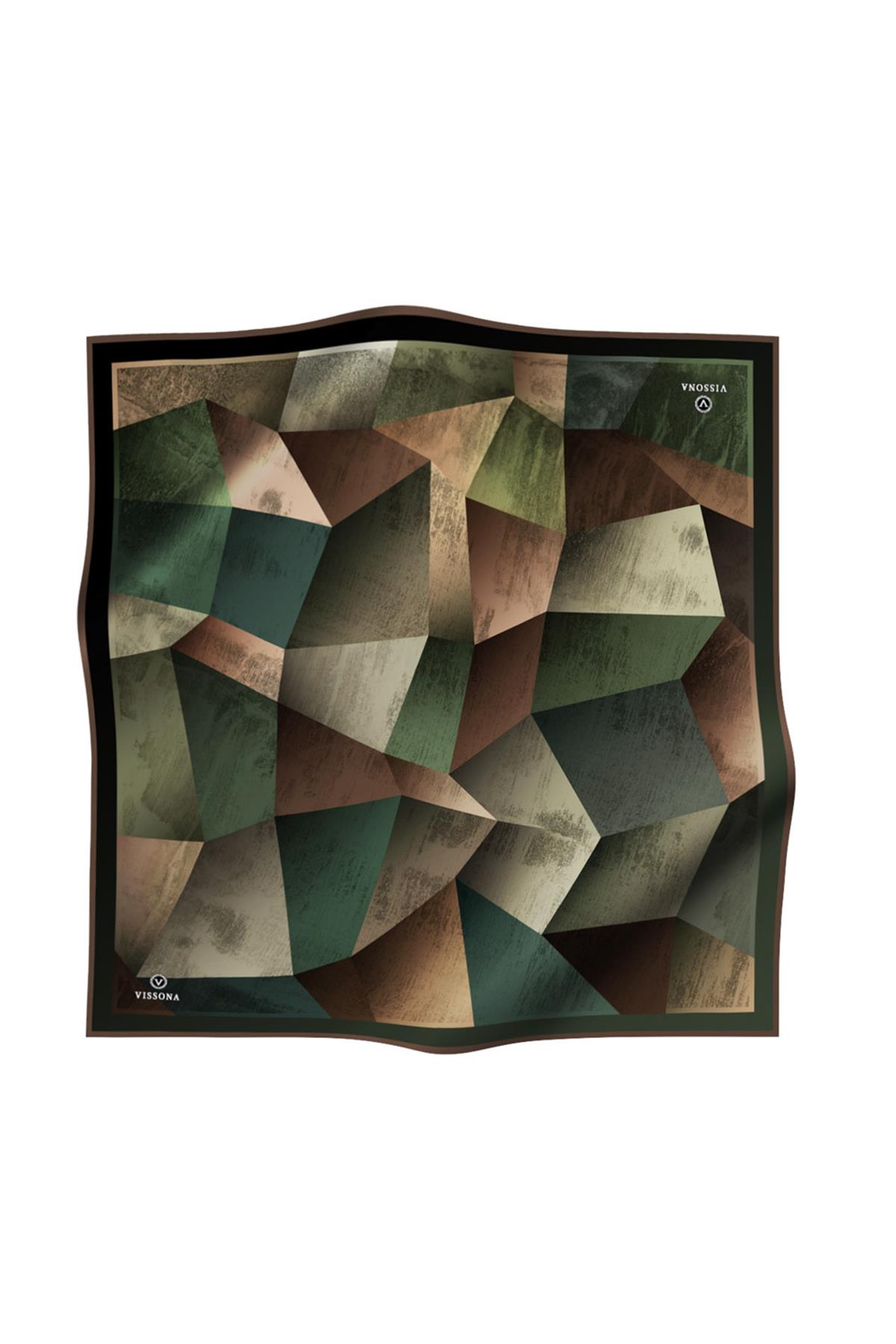%100 Twill İpek Geometrik Desenli Haki - Sütlü Kahve Renkli 90x90 Eşarp Dikim Şekli : El Dikişi