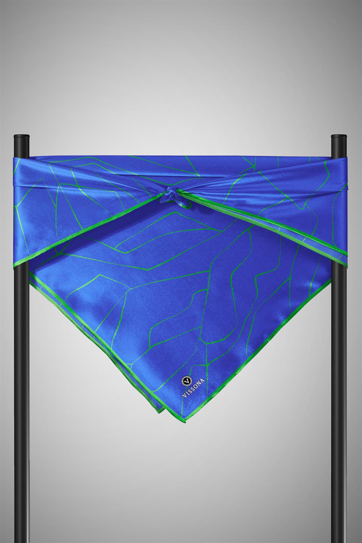 %100 Twill İpek Çizgi Desenli Saks - Zümrüt Yeşili Renkli 90x90 Eşarp Dikim Şekli : El Dikişi