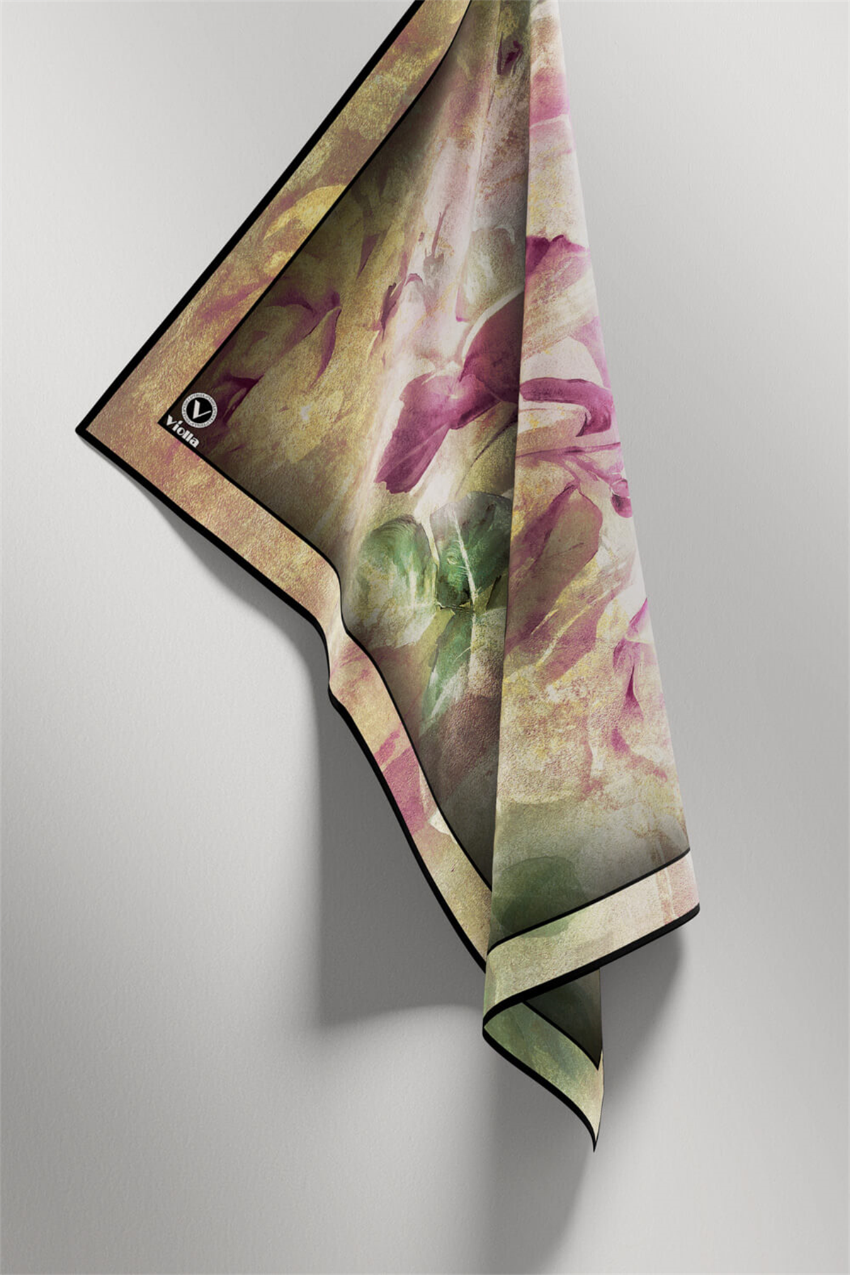 Twill Sulu Boyalı Çiçek Desenli Pembe Renkli 90x90 Eşarp (İpek İçermez) Kenar Dikiş Şekli El Dikişli