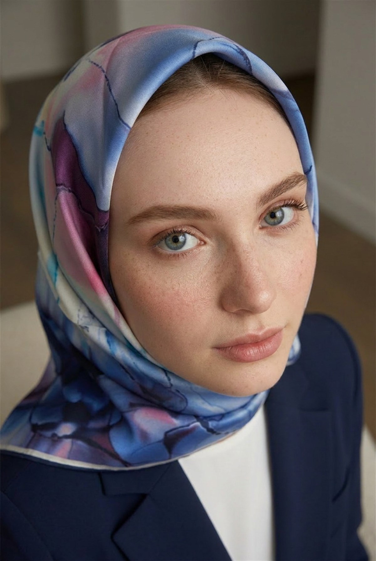 %100 Twill İpek Batik Çiçek Desenli Bebe Mavisi - Pudra Renkli 90x90 Eşarp Kenar Dikiş Şekli El Dikişli