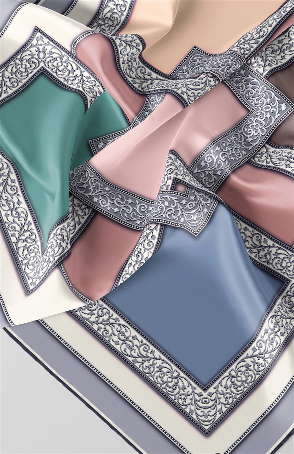 %100 Twill İpek Geometrik Desenli Gri - Pudra Renkli 90x90 Eşarp Dikim Şekli : El Dikişi