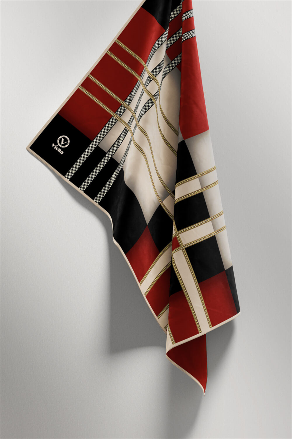 Twill Geometrik Desenli Siyah - Bordo Renkli 90x90 Eşarp (İpek İçermez) Kenar Dikiş Şekli El Dikişli