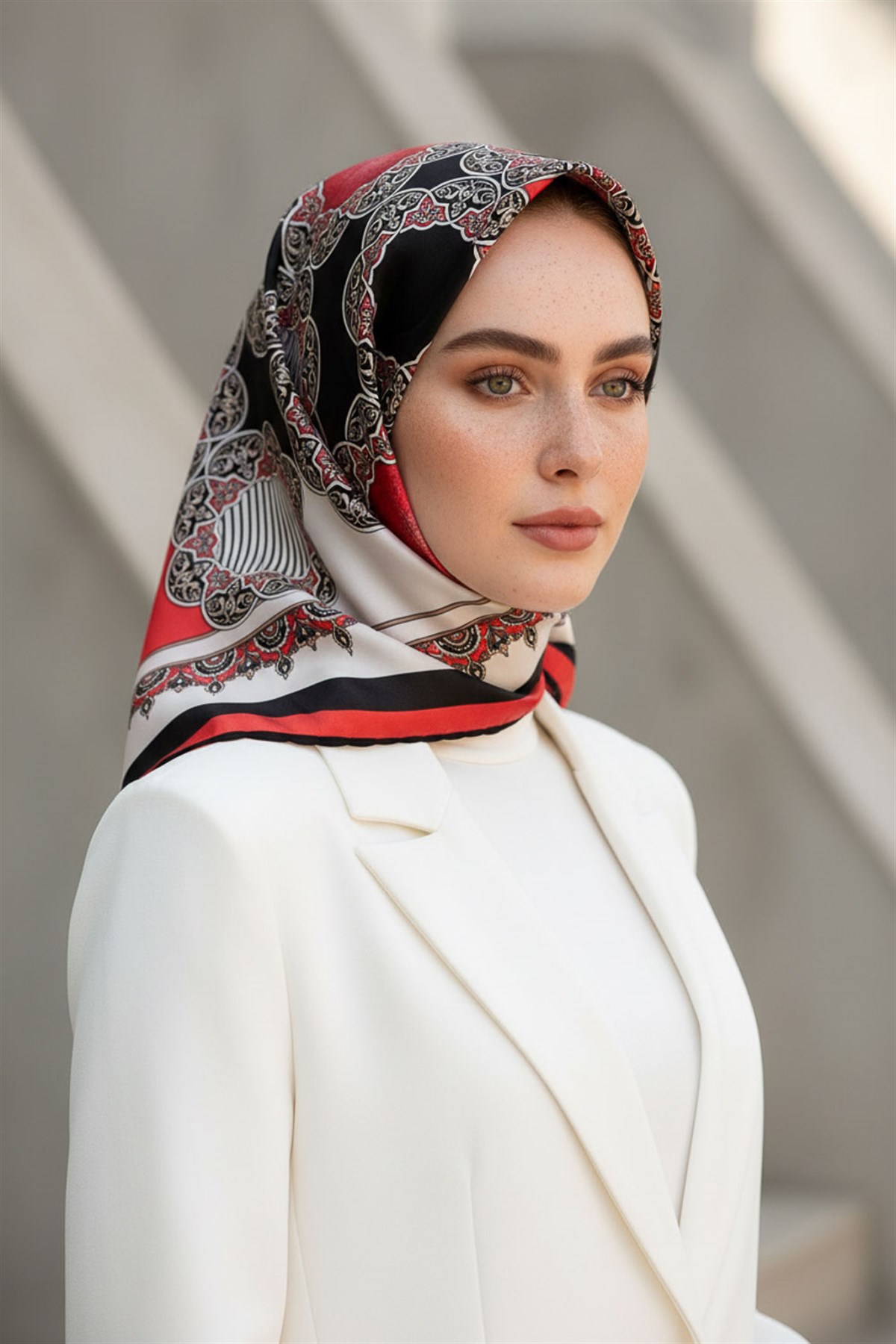 %100 Twill Türk Motifi  Desenli Siyah - Nar Çiçeği Renkli 90x90 Eşarp Dikim Şekli: El Dikişi