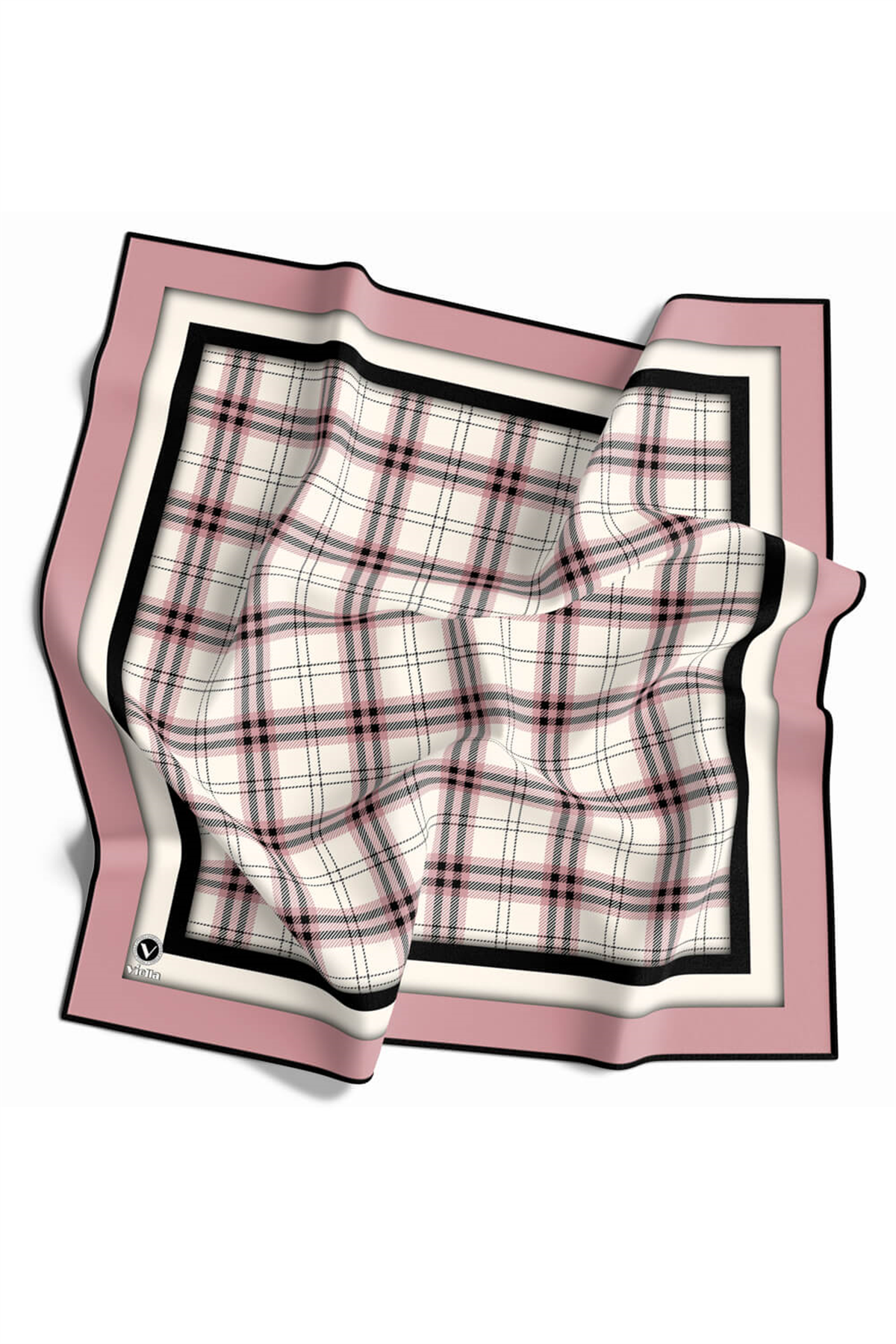 Twill Ekose Desenli Pudra Renkli 90x90 Eşarp (İpek İçermez) Kenar Dikiş Şekli El Dikişli