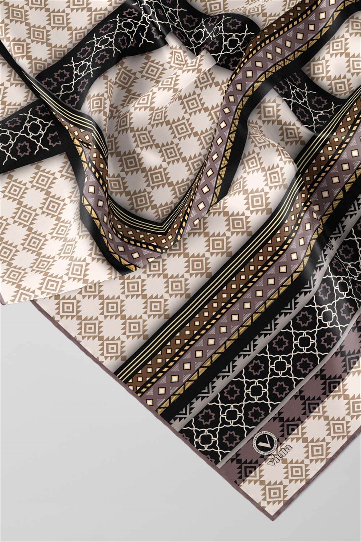 Twill Etnik Desenli Taş Renkli 90x90 Eşarp (İpek İçermez) Kenar Dikiş Şekli El Dikişli